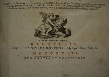 Detail from title page. Zoesius, Hendrik. Clarissimi viri Henrici Zoesij Amersfortii, ... Commentarius ad Digestorum seu Pandectarum juris civilis libros L. Bruxellis, 1718.
